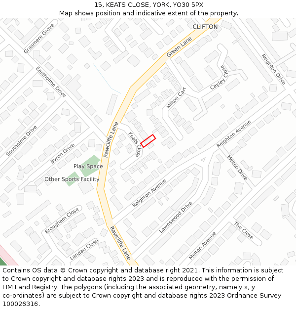 15, KEATS CLOSE, YORK, YO30 5PX: Location map and indicative extent of plot