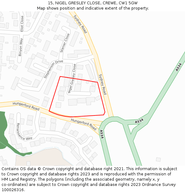 15, NIGEL GRESLEY CLOSE, CREWE, CW1 5GW: Location map and indicative extent of plot