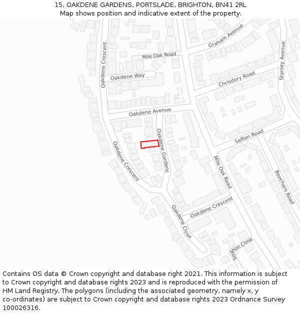 15, OAKDENE GARDENS, PORTSLADE, BRIGHTON, BN41 2RL: Location map and indicative extent of plot