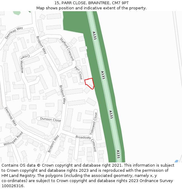 15, PARR CLOSE, BRAINTREE, CM7 9PT: Location map and indicative extent of plot