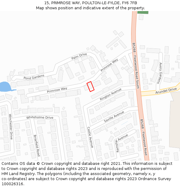 15, PRIMROSE WAY, POULTON-LE-FYLDE, FY6 7FB: Location map and indicative extent of plot