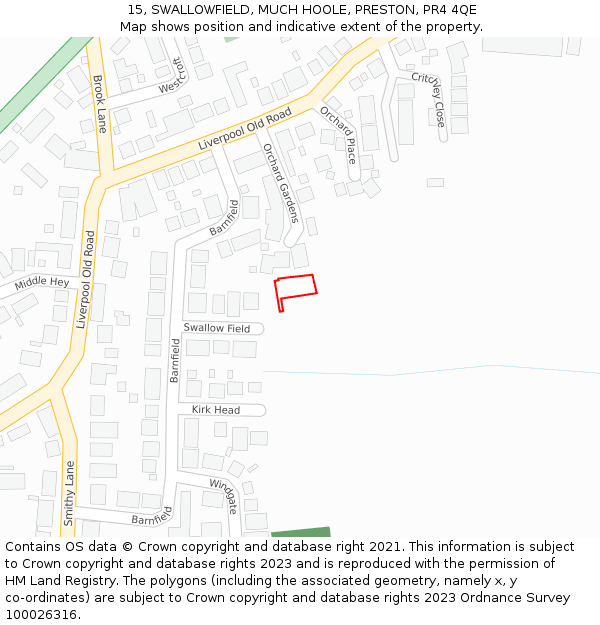 15, SWALLOWFIELD, MUCH HOOLE, PRESTON, PR4 4QE: Location map and indicative extent of plot