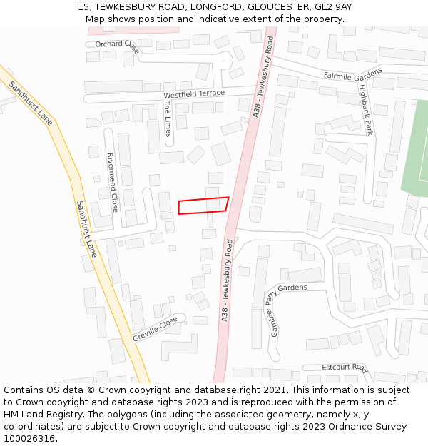 15, TEWKESBURY ROAD, LONGFORD, GLOUCESTER, GL2 9AY: Location map and indicative extent of plot