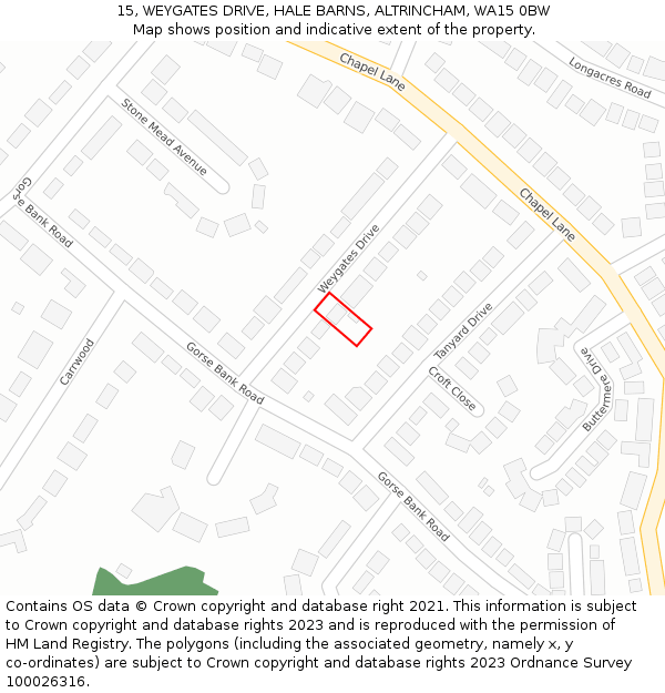 15, WEYGATES DRIVE, HALE BARNS, ALTRINCHAM, WA15 0BW: Location map and indicative extent of plot