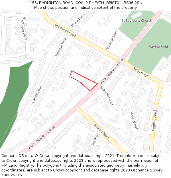 155, BADMINTON ROAD, COALPIT HEATH, BRISTOL, BS36 2SU: Location map and indicative extent of plot