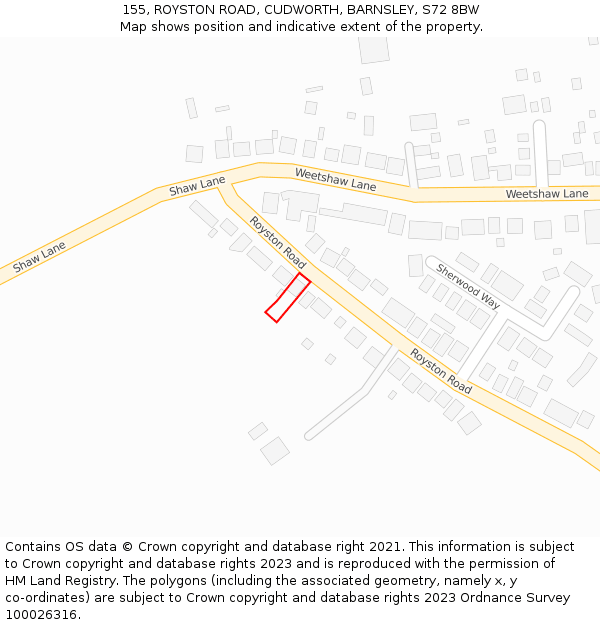 155, ROYSTON ROAD, CUDWORTH, BARNSLEY, S72 8BW: Location map and indicative extent of plot