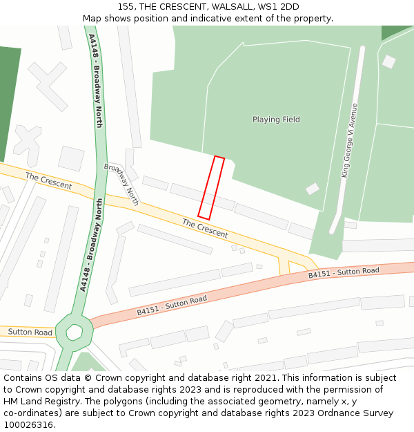 155, THE CRESCENT, WALSALL, WS1 2DD: Location map and indicative extent of plot