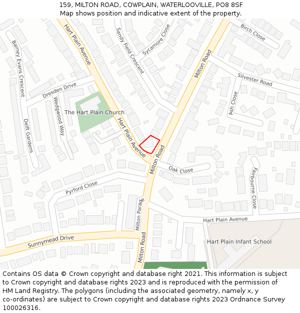 159, MILTON ROAD, COWPLAIN, WATERLOOVILLE, PO8 8SF: Location map and indicative extent of plot