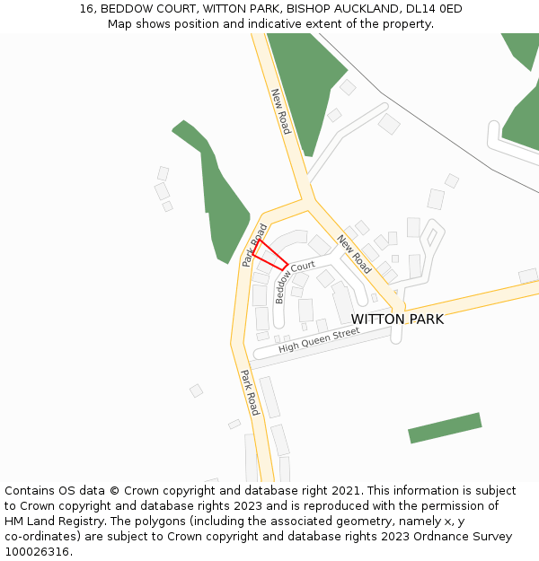 16, BEDDOW COURT, WITTON PARK, BISHOP AUCKLAND, DL14 0ED: Location map and indicative extent of plot