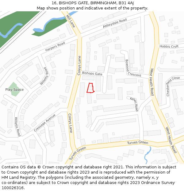 16, BISHOPS GATE, BIRMINGHAM, B31 4AJ: Location map and indicative extent of plot