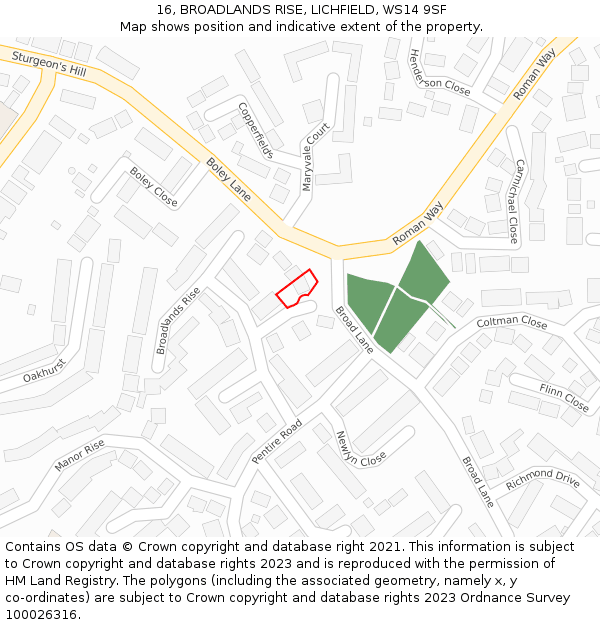 16, BROADLANDS RISE, LICHFIELD, WS14 9SF: Location map and indicative extent of plot