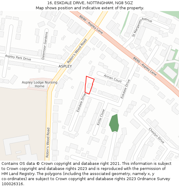 16, ESKDALE DRIVE, NOTTINGHAM, NG8 5GZ: Location map and indicative extent of plot