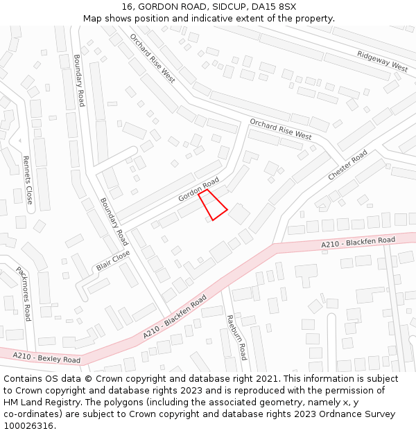 16, GORDON ROAD, SIDCUP, DA15 8SX: Location map and indicative extent of plot