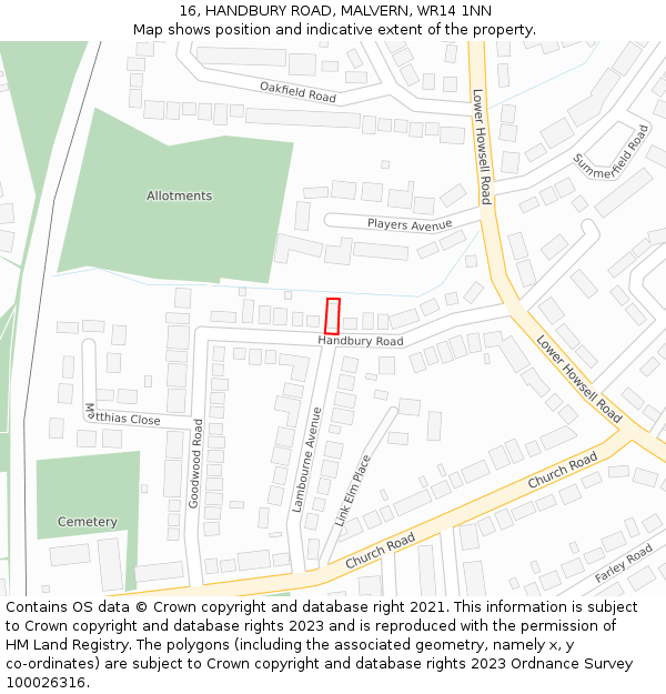 16, HANDBURY ROAD, MALVERN, WR14 1NN: Location map and indicative extent of plot