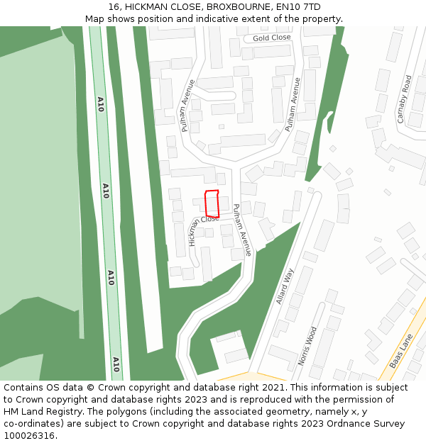 16, HICKMAN CLOSE, BROXBOURNE, EN10 7TD: Location map and indicative extent of plot