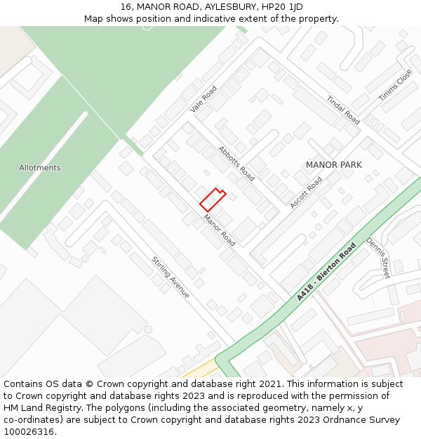 16, MANOR ROAD, AYLESBURY, HP20 1JD: Location map and indicative extent of plot