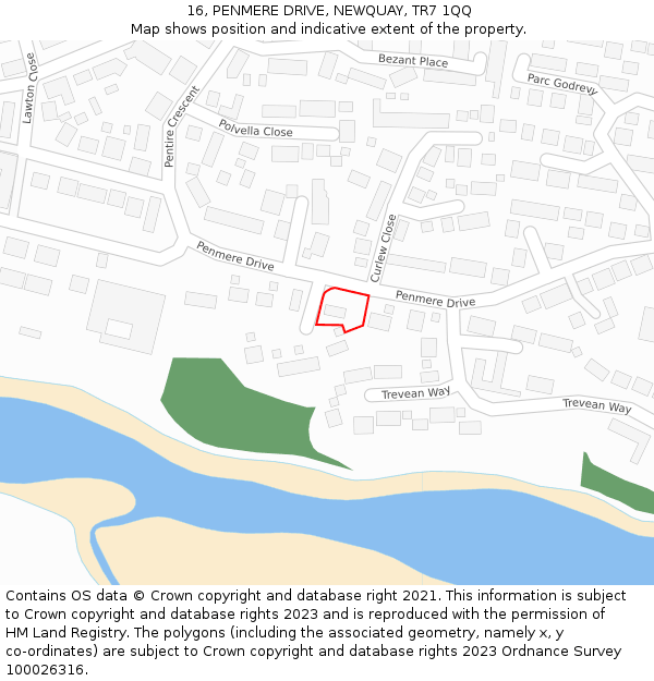 16, PENMERE DRIVE, NEWQUAY, TR7 1QQ: Location map and indicative extent of plot