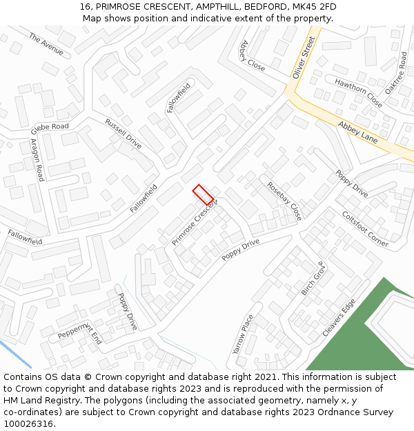 16, PRIMROSE CRESCENT, AMPTHILL, BEDFORD, MK45 2FD: Location map and indicative extent of plot