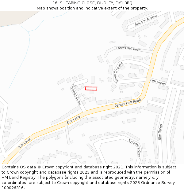 16, SHEARING CLOSE, DUDLEY, DY1 3RQ: Location map and indicative extent of plot