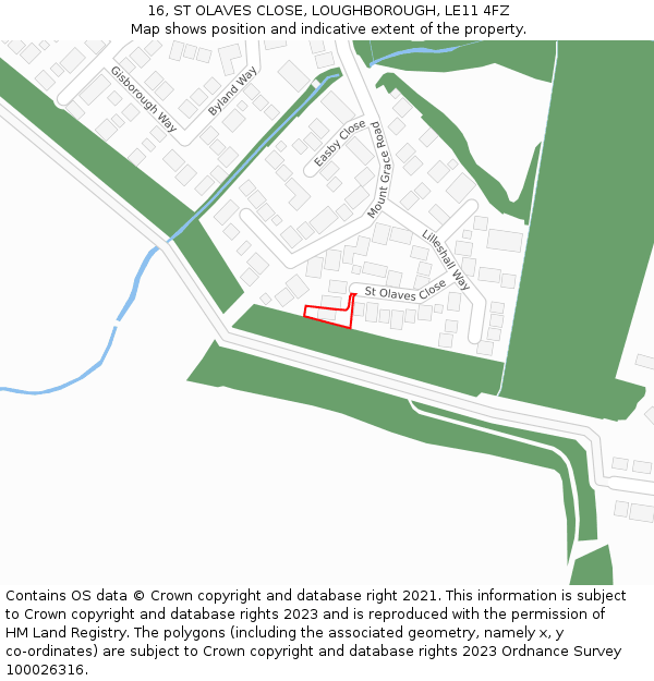 16, ST OLAVES CLOSE, LOUGHBOROUGH, LE11 4FZ: Location map and indicative extent of plot