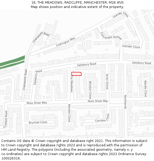 16, THE MEADOWS, RADCLIFFE, MANCHESTER, M26 4NS: Location map and indicative extent of plot