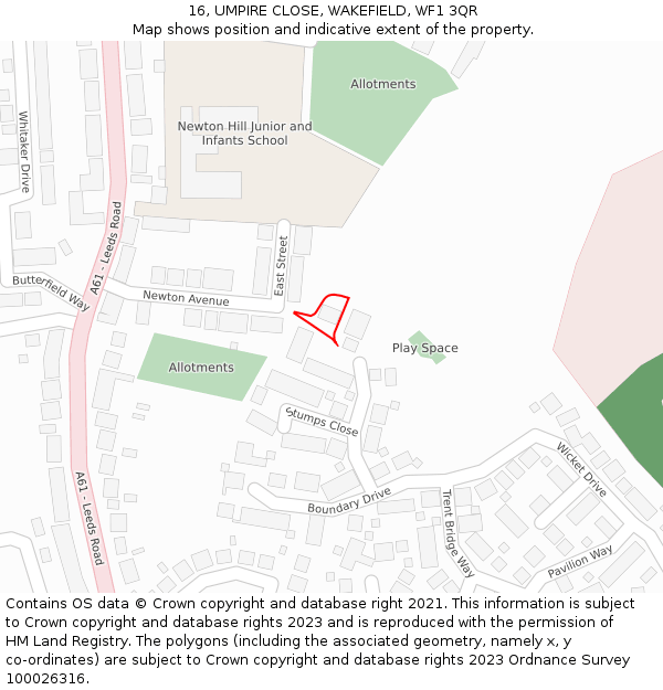 16, UMPIRE CLOSE, WAKEFIELD, WF1 3QR: Location map and indicative extent of plot