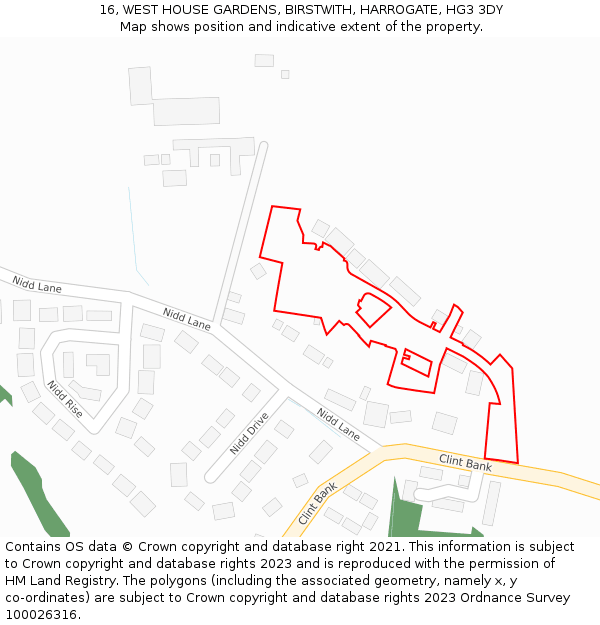 16, WEST HOUSE GARDENS, BIRSTWITH, HARROGATE, HG3 3DY: Location map and indicative extent of plot