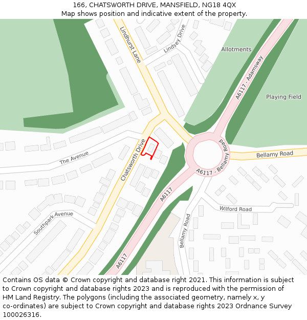 166, CHATSWORTH DRIVE, MANSFIELD, NG18 4QX: Location map and indicative extent of plot