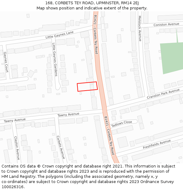 168, CORBETS TEY ROAD, UPMINSTER, RM14 2EJ: Location map and indicative extent of plot