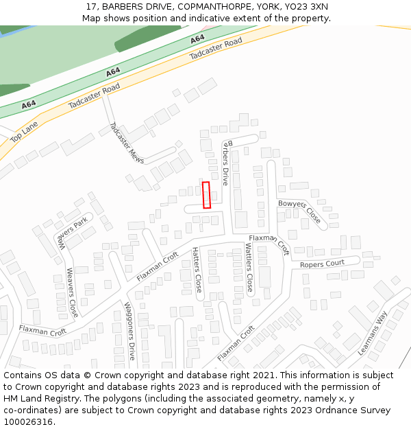 17, BARBERS DRIVE, COPMANTHORPE, YORK, YO23 3XN: Location map and indicative extent of plot