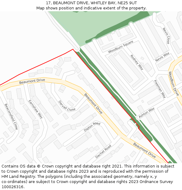 17, BEAUMONT DRIVE, WHITLEY BAY, NE25 9UT: Location map and indicative extent of plot