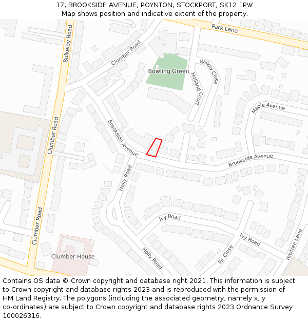 17, BROOKSIDE AVENUE, POYNTON, STOCKPORT, SK12 1PW: Location map and indicative extent of plot