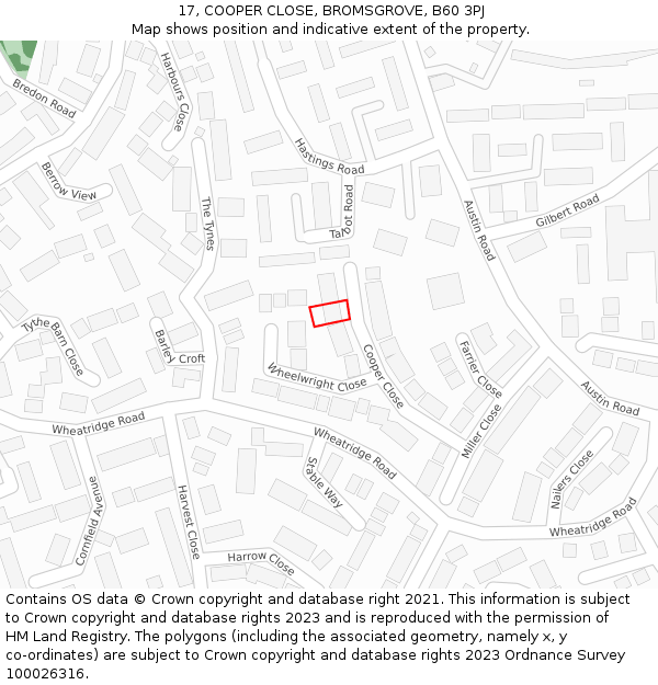 17, COOPER CLOSE, BROMSGROVE, B60 3PJ: Location map and indicative extent of plot