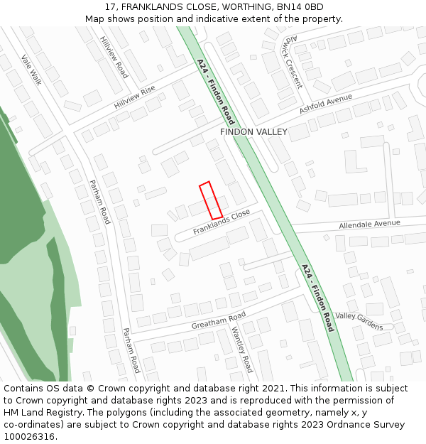 17, FRANKLANDS CLOSE, WORTHING, BN14 0BD: Location map and indicative extent of plot