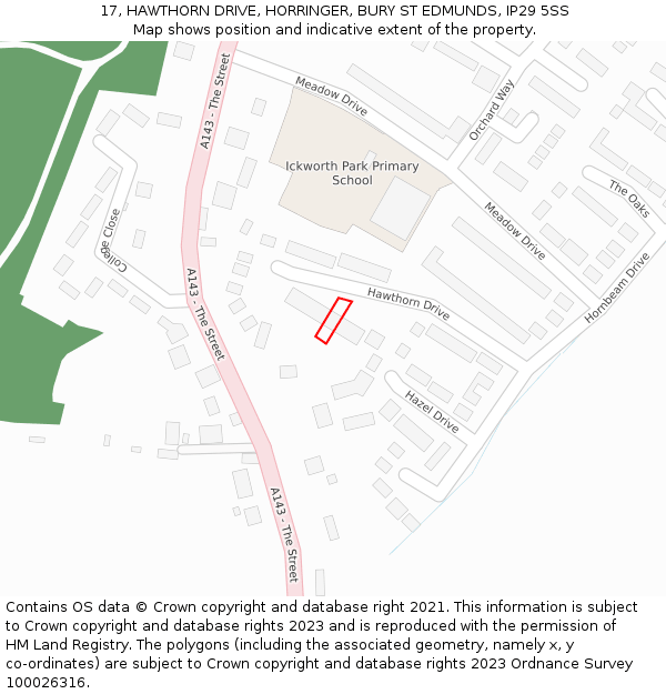 17, HAWTHORN DRIVE, HORRINGER, BURY ST EDMUNDS, IP29 5SS: Location map and indicative extent of plot