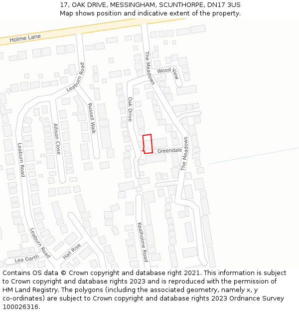 17, OAK DRIVE, MESSINGHAM, SCUNTHORPE, DN17 3US: Location map and indicative extent of plot