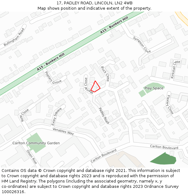 17, PADLEY ROAD, LINCOLN, LN2 4WB: Location map and indicative extent of plot