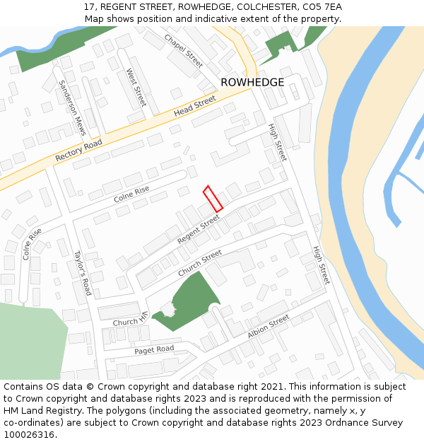 17, REGENT STREET, ROWHEDGE, COLCHESTER, CO5 7EA: Location map and indicative extent of plot