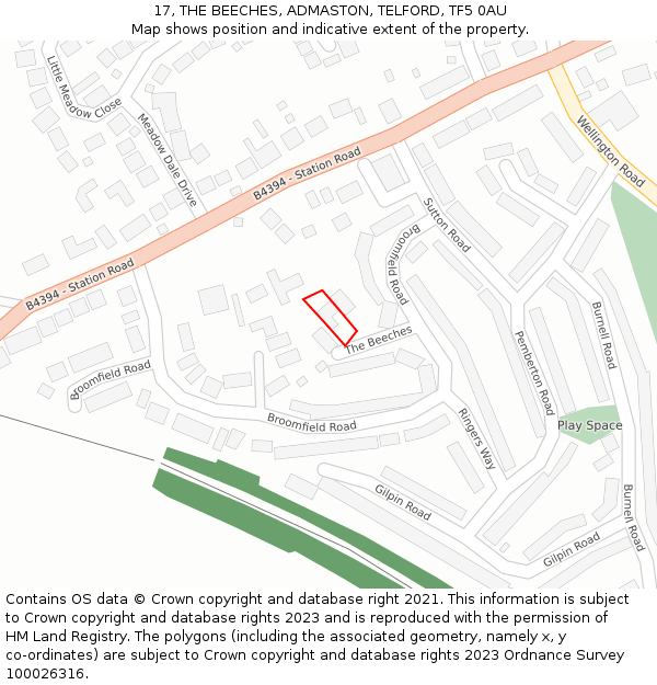 17, THE BEECHES, ADMASTON, TELFORD, TF5 0AU: Location map and indicative extent of plot