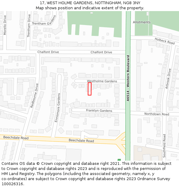 17, WEST HOLME GARDENS, NOTTINGHAM, NG8 3NY: Location map and indicative extent of plot