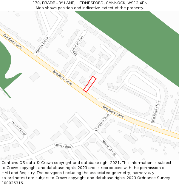 170, BRADBURY LANE, HEDNESFORD, CANNOCK, WS12 4EN: Location map and indicative extent of plot