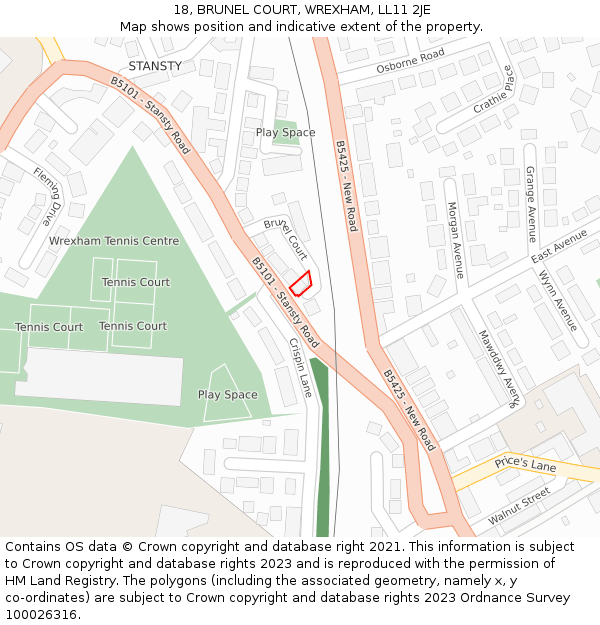 18, BRUNEL COURT, WREXHAM, LL11 2JE: Location map and indicative extent of plot