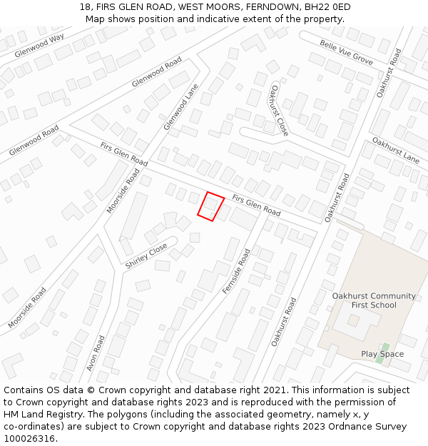 18, FIRS GLEN ROAD, WEST MOORS, FERNDOWN, BH22 0ED: Location map and indicative extent of plot