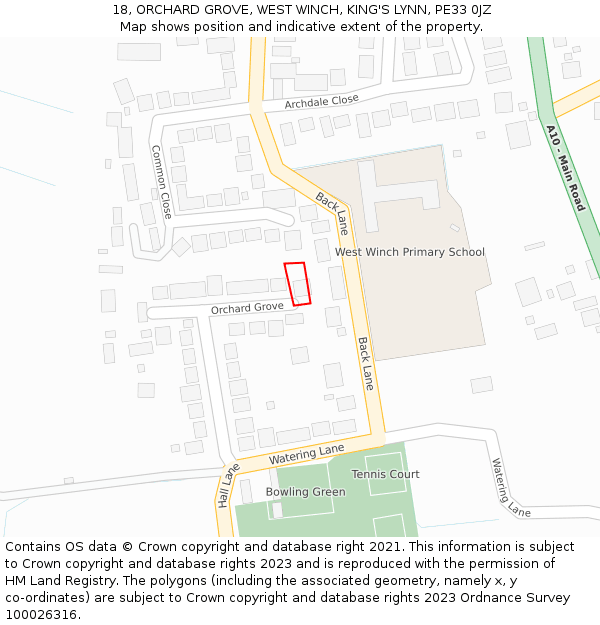 18, ORCHARD GROVE, WEST WINCH, KING'S LYNN, PE33 0JZ: Location map and indicative extent of plot