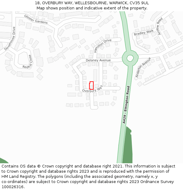 18, OVERBURY WAY, WELLESBOURNE, WARWICK, CV35 9UL: Location map and indicative extent of plot