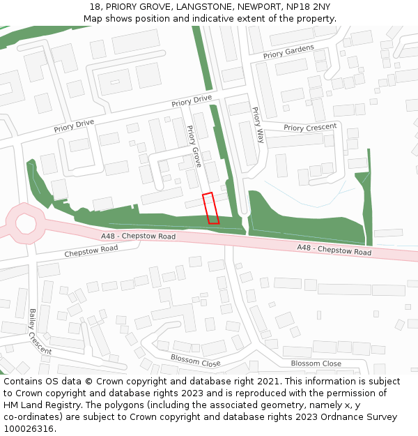 18, PRIORY GROVE, LANGSTONE, NEWPORT, NP18 2NY: Location map and indicative extent of plot