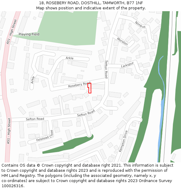 18, ROSEBERY ROAD, DOSTHILL, TAMWORTH, B77 1NF: Location map and indicative extent of plot