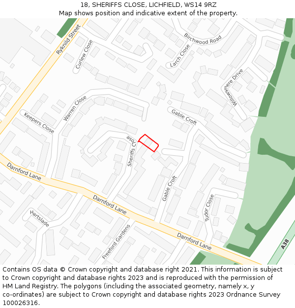 18, SHERIFFS CLOSE, LICHFIELD, WS14 9RZ: Location map and indicative extent of plot