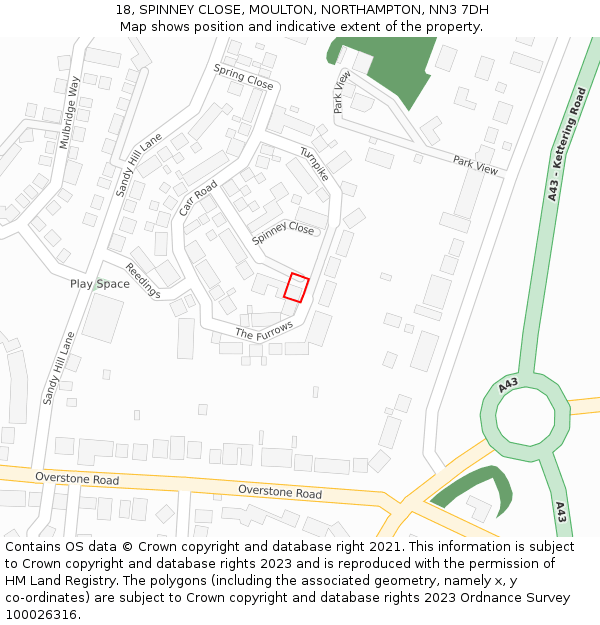 18, SPINNEY CLOSE, MOULTON, NORTHAMPTON, NN3 7DH: Location map and indicative extent of plot