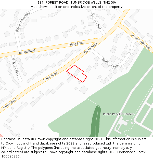 187, FOREST ROAD, TUNBRIDGE WELLS, TN2 5JA: Location map and indicative extent of plot